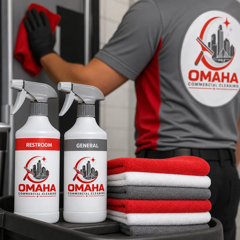 Color-coded microfiber cloths and labeled disinfectants staged for commercial cleaning