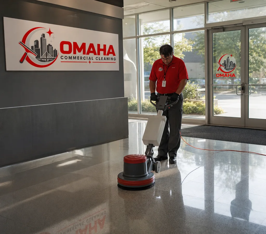 Early-morning commercial cleaner performing professional floor care in an Omaha office lobby