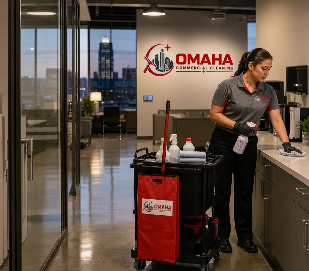 Professional office cleaner restocking supplies and wiping high-touch points in a modern Omaha office after hours