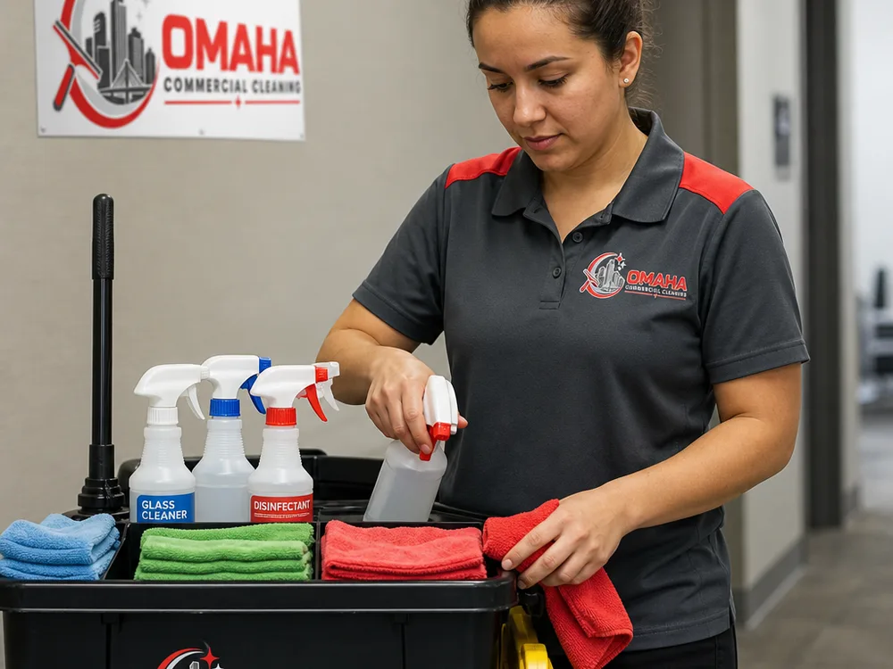 Cleaner using color-coded microfiber cloths and labeled spray bottles at an organized janitorial cart in an office hallway
